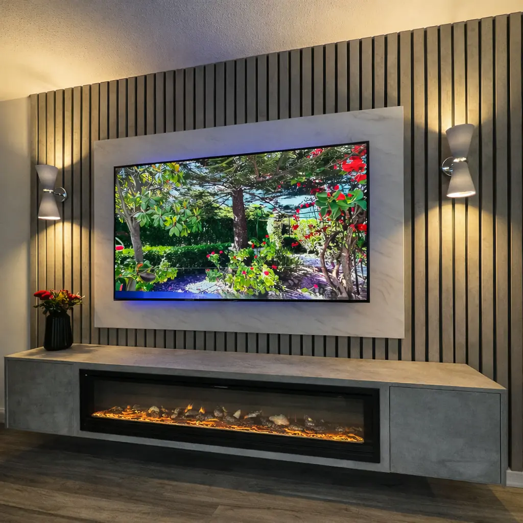 Media wall with slat panels, a mounted TV and an electric fireplace